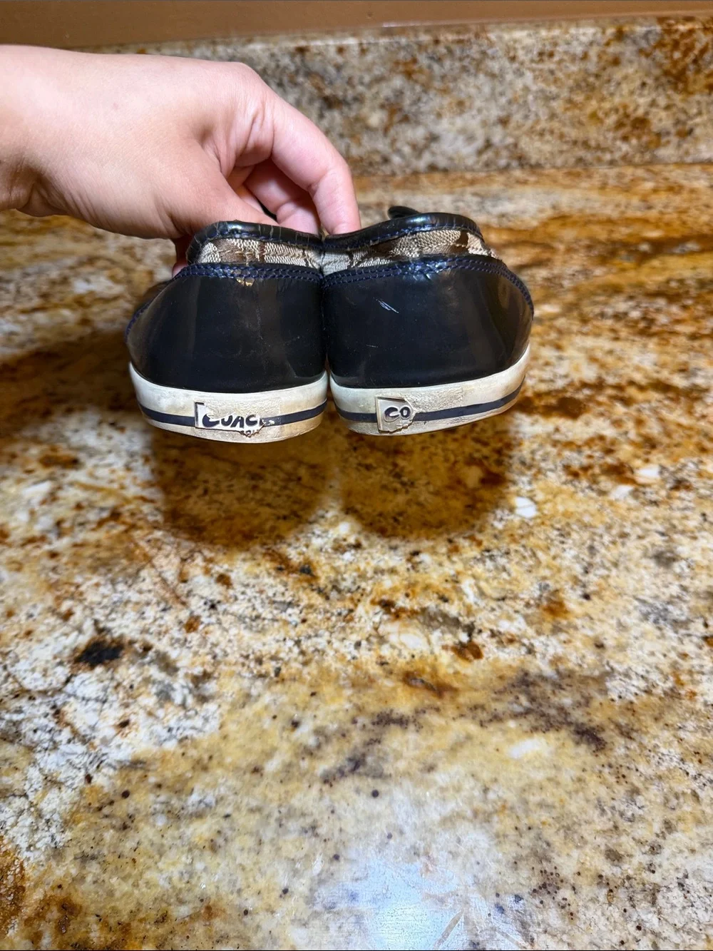 Coach Tan Signature Canvas Slip-On Sneakers with Green & Navy Accents